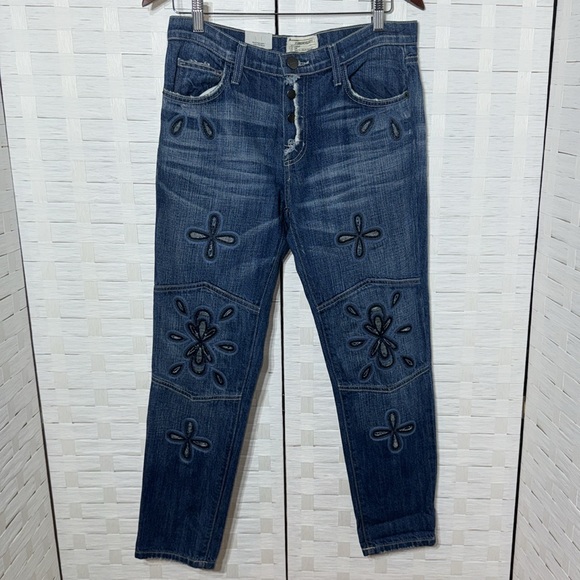 Current/Elliott Denim - Current/Elliott The Fling Floral Embroidery Distressed Button Fly Jeans Size 27